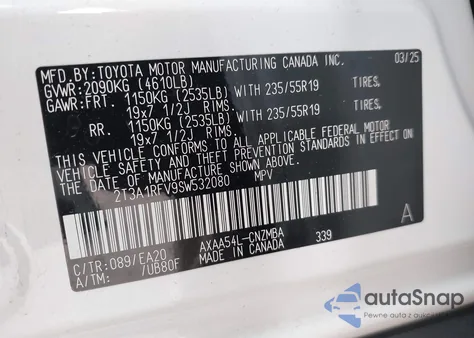 2025 Toyota Rav4 Xle Premium from USA, damaged, VIN 2T3A1RFV9SW532080